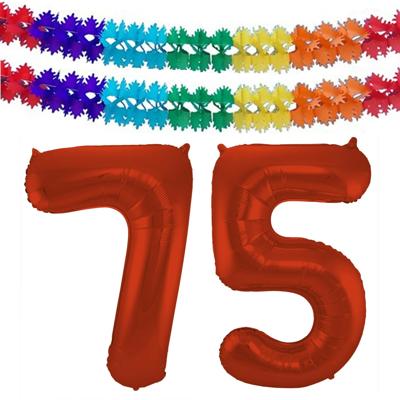 Folat Verjaardag Leeftijd folieballon - 75 jaar - rood - 86 cm - incl 2x slingers