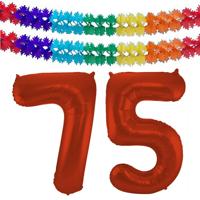 Folat Verjaardag Leeftijd folieballon - 75 jaar - rood - 86 cm - incl 2x slingers