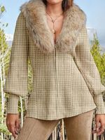 Lantern Sleeve V Neck Zipper Faux Fur Vintage Jacket - thumbnail