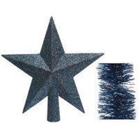 Kerstversiering kunststof glitter ster piek 19 cm en folieslingers pakket donkerblauw van 3x stuks