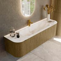 Badmeubel Mondiaz Kurve-Dlux | 160 cm cm | Meubelkleur Dusk | Wastafelkleur Frappe | Solid surface | Wasbak midden spoelbak | 1 kraangat