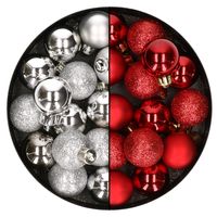 28x stuks kleine kunststof kerstballen zilver en rood 3 cm - thumbnail