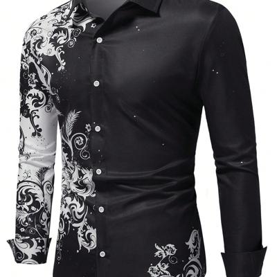 Bon&Bon LEGND Men's Yellow Floral Print Long Sleeve Casual Shirt Black and White / L