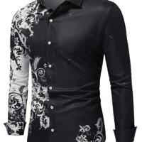 Bon&Bon LEGND Men's Yellow Floral Print Long Sleeve Casual Shirt Black and White / L