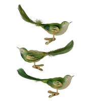 Krebs Decoratie vogeltjes - 3x - groen - op clip - 11 cm - glas
