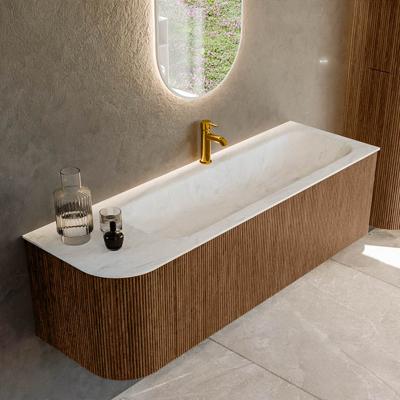Mondiaz KURVE-DLUX 145 cm Onderkast Greeploos 1 Lade Met Deuren Walnut, Wastafel Solid Surface Rechts Opalo 1 Kraangat Zonder Spiegel (KRVBGL145L1L1D1KR-Wal/Opa)