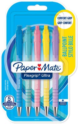Paper Mate balpen Flexgrip Pastel RT, medium, blauwe inkt, blister van 5 stuks, assorti