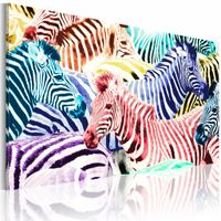 Schilderij -  Zebra's in Kleur, wanddecoratie, multikleur , print op canvas , 3 maten, 1luik
