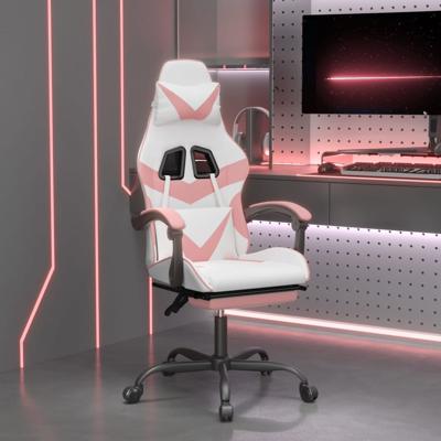 Gamestoel met voetensteun kunstleer wit en roze