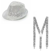 Party verkleed hoedje en bretels zilver glitters - Verkleedhoofddeksels