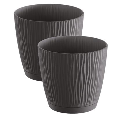 Plantenpot/bloempot Waves - 2x stuks - kunststof - antraciet - D24 x H23 cm - binnen/buiten