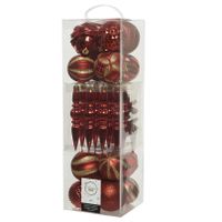 60x stuks kunststof kerstballen en ornamenten rood mix