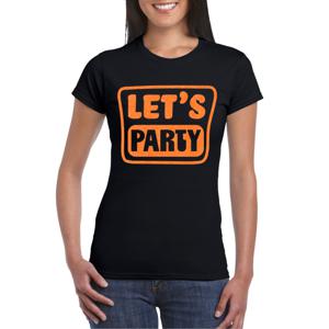 Verkleed T-shirt voor dames - lets party - zwart - glitter oranje - carnaval/themafeest