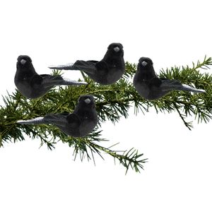 4x stuks kunststof decoratie vogels op clip zwart 12 cm