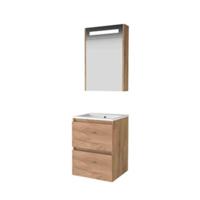 Basic-Line Premium 46 Badkamermeubelset - 50 x 46 cm - Greeploos - 2 Lades - Keramische Wastafel - 1 Kraangat - Spiegelkast met LED Verlichting - Whisky Oak