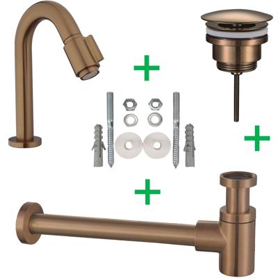 Fonteinkraanset Wiesbaden UniMatch | Opbouw | Koudwater kraan | Incl.Sifon en Afvoerplug | Laag model | 1-hendel | Rond | Geborsteld Brons Koper