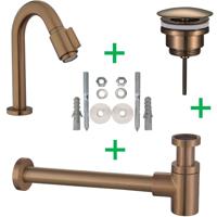 Fonteinkraanset Wiesbaden UniMatch | Opbouw | Koudwater kraan | Incl.Sifon en Afvoerplug | Laag model | 1-hendel | Rond | Geborsteld Brons Koper