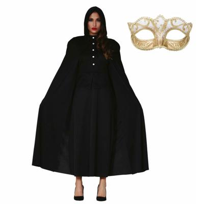 Carnaval gemaskerd bal verkleed set - Oogmasker goud - Lange cape met capuchon zwart - dames