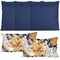 Bank/tuin kussens set - binnen/buiten - 5x stuks - blauw/tropical summer print - In 2 formaten