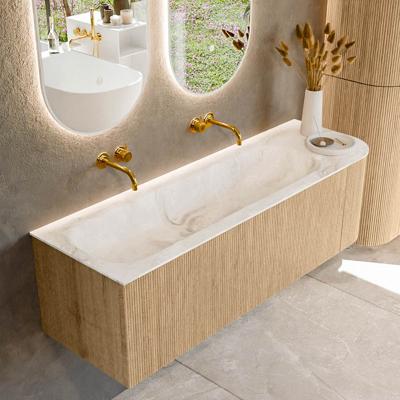 Mondiaz KURVE-DLUX 145 cm Onderkast Greeploos 1 Lade Met Deuren Oak, Wastafel Solid Surface Links Frappe 0 Kraangaten Zonder Spiegel (KRVBGL145R1L1D0KL-Oak/Fra)