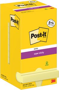 Post-It Super Sticky Notes, 90 vel, ft 76 x 76 mm, geel, 8 + 4 GRATIS