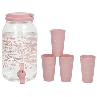 Gerimport Drank / Water dispenser tap - roze - 3,8 Liter - kunststof - 15 x 18 x 26 cm - incl. 4 bek