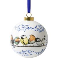 Heinen Delfts Blauw Porseleinen kerstbal met bosvogeltjes Kersthanger 8 cm doorsnee - thumbnail