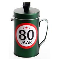 Spaarpot - 80 jaar geworden thema - verjaardag cadeau - Blik met sticker van 9 cm