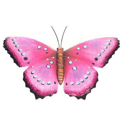 Tuindecoratie vlinder van metaal roze/zwart 48 cm