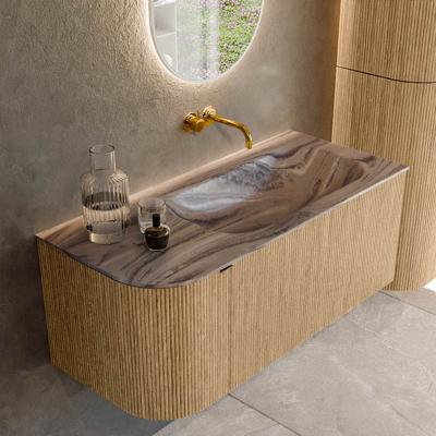 Badmeubel Mondiaz Kurve-Dlux | 105 cm | Meubelkleur Oak | Wastafelkleur Sombra | Solid surface | Wasbak rechter zijde spoelbak | Zonder kraangat(en)