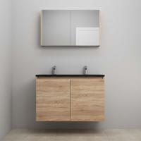 On-Line Badkamermeubelset - 100 cm - Voorgemonteerd - Greeploze Ladestructuur - Acryl Wastafel - 2 Kraangaten - Spiegelkast - Eiken