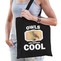 Katoenen tasje owls are serious cool zwart - uilen/ steenuil cadeau tas - Feest Boodschappentassen
