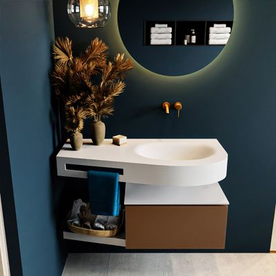 MONDIAZ RIVA 100cm badmeubel onderkast / planchet kleur Rust met 1 lade. Wastafel DULCET rechts 0 kraangaten kleur Talc.