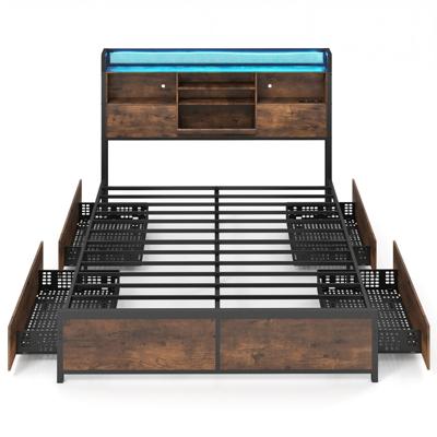 Bedframe met Ledverlichting en Oplaadstation Industrieel Platformbed met Opbergbaar Hoofdeinde en 4 Lades Geruisloze Matrasbodem met Metalen Latten-160 cm