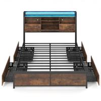 Bedframe met Ledverlichting en Oplaadstation Industrieel Platformbed met Opbergbaar Hoofdeinde en 4 Lades Geruisloze Matrasbodem met Metalen Latten-160 cm
