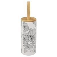 WC-/toiletborstel met houder rond wit/zwart met hibiscus bloemen patroon zandsteen/bamboe 38 cm   -