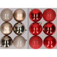 12x stuks kunststof kerstballen mix van champagne en rood 8 cm   -