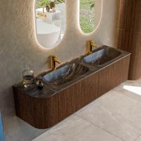 Badmeubel Mondiaz Kurve-Dlux | 165 cm | Meubelkleur Walnut | Wastafelkleur Lava | Solid surface | Dubbele spoelbak | 2 kraangaten