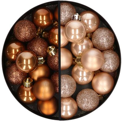 28x stuks kleine kunststof kerstballen lichtbruin en bruin 3 cm