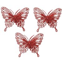 Decoratie vlinders op clip - 3x stuks - rood - 10 cm - kunststof - thumbnail