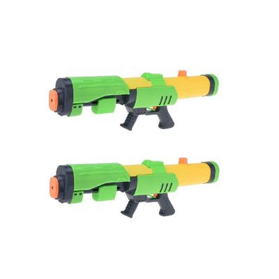 2x Mega waterpistolen/waterpistool met pomp groen/geel van 63 cm kinderspeelgoed