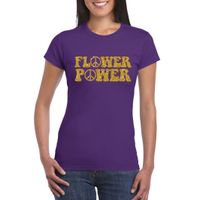 Paars Flower Power t-shirt peace tekens met gouden letters dames - thumbnail