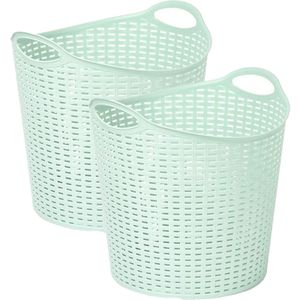 Gevlochten wasmand/opbergmand - 2x - flexibel - lichtgroen - 27 liter - rond - kunststof