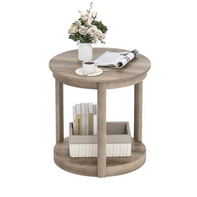 Ronde Salontafel Woonkamertafel met 2 Niveaus Sofa-tafel Rubberwood Salontafel Bijzettafel in Landhuisgrijs