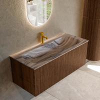 Badmeubel Mondiaz Kurve-Dlux | 110 cm | Meubelkleur Walnut | Wastafelkleur Sombra | Solid surface | Wasbak midden spoelbak | 1 kraangat