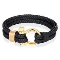 Nautische heren armband Leer Edelstaal Zwart Goudkleurig - 19cm - thumbnail