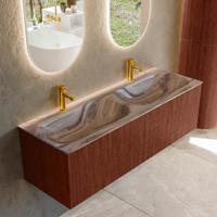 Badmeubel Mondiaz Kurve-Dlux | 140 cm | Meubelkleur Ruby | Wastafelkleur Sombra | Solid surface | Wasbak beide zijden spoelbak | 2 kraangaten