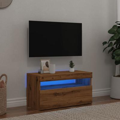 Tv-meubel met LED 75x35x40 cm bewerkt hout artisanaal eiken