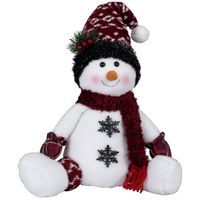 Pluche sneeuwpop knuffel - zittend - 36 cm - rode muts - Kerstman pop - thumbnail