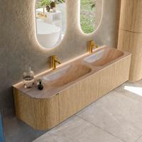 Badmeubel Mondiaz Kurve-Dlux | 165 cm | Meubelkleur Oak | Wastafelkleur Saba | Solid surface | Dubbel / Rechts spoelbak | 2 kraangaten